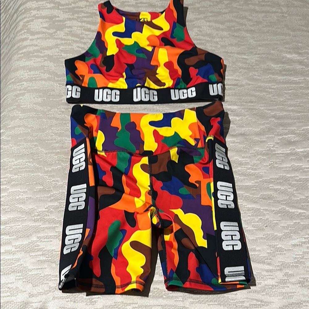 Ugg Logo Sports Bra & Bike Short Pride Colorful Camouflage 2pcs set